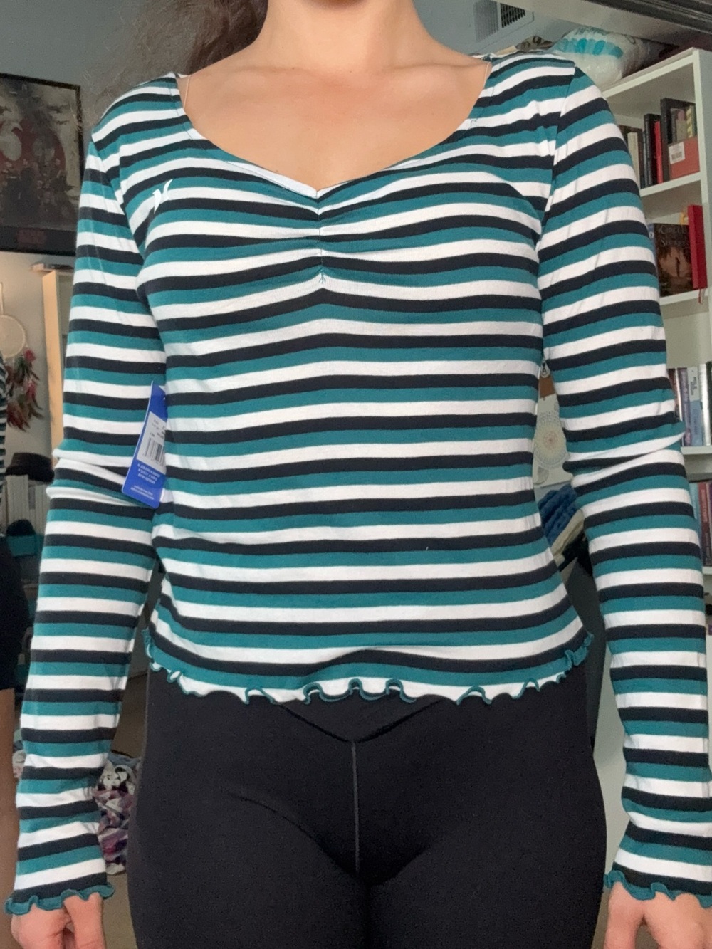 Hurley Striped V-Neck Long Sleeve Top in Teal, Black & White